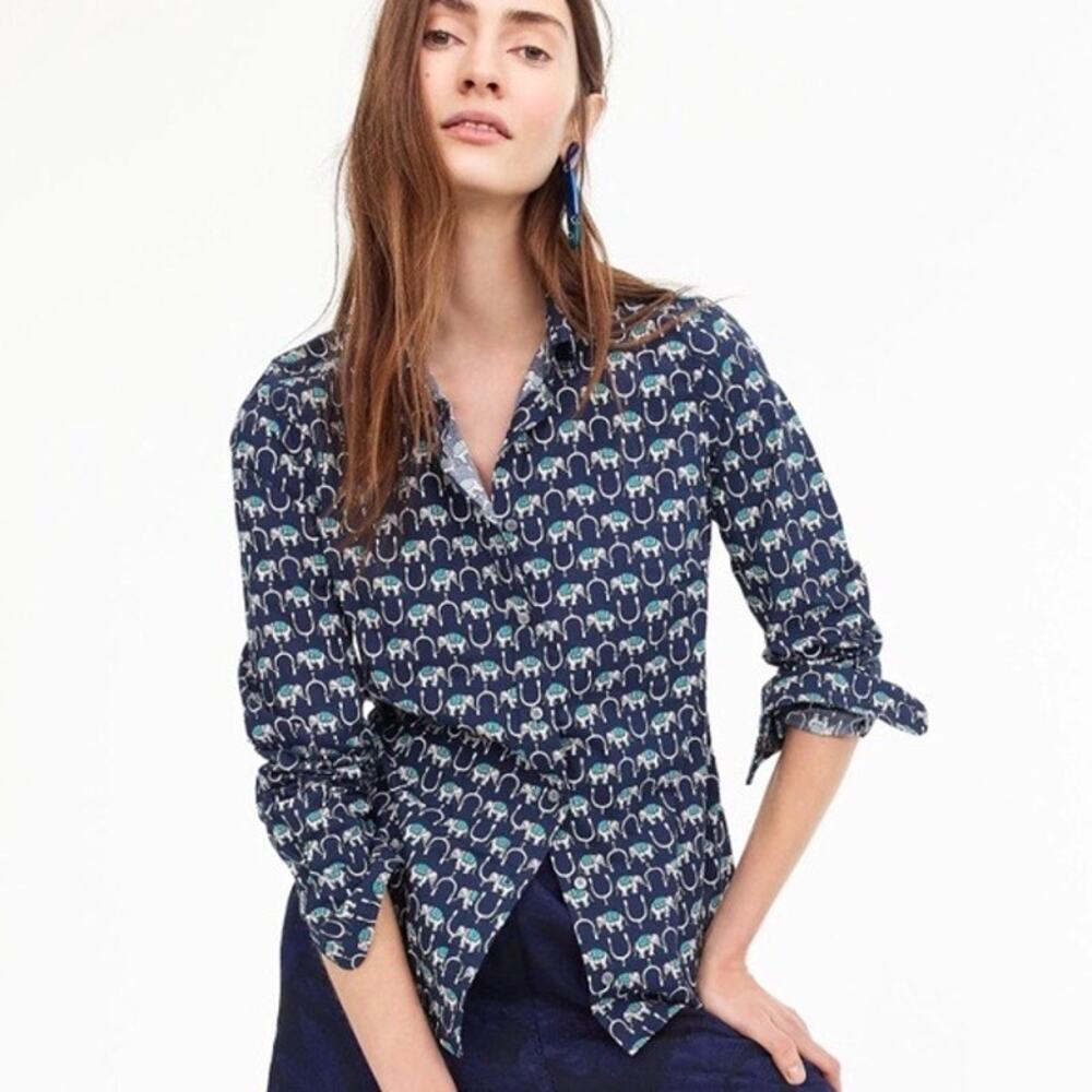 J. Crew Long Sleeve Perfect Fit Novelty Print Elephants Shirt 00 Navy Blue White